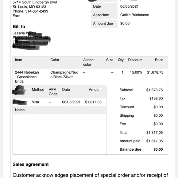 perfect condition, worn one night for a couple hours.Not altered.